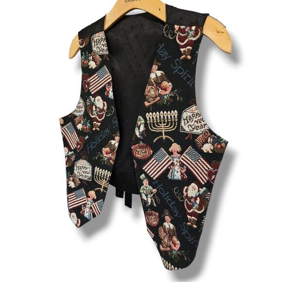 Womens Holiday Tapestry Vest Christmas Thanksgiving Hanukkah USA Flag Open Front - Picture 6 of 10